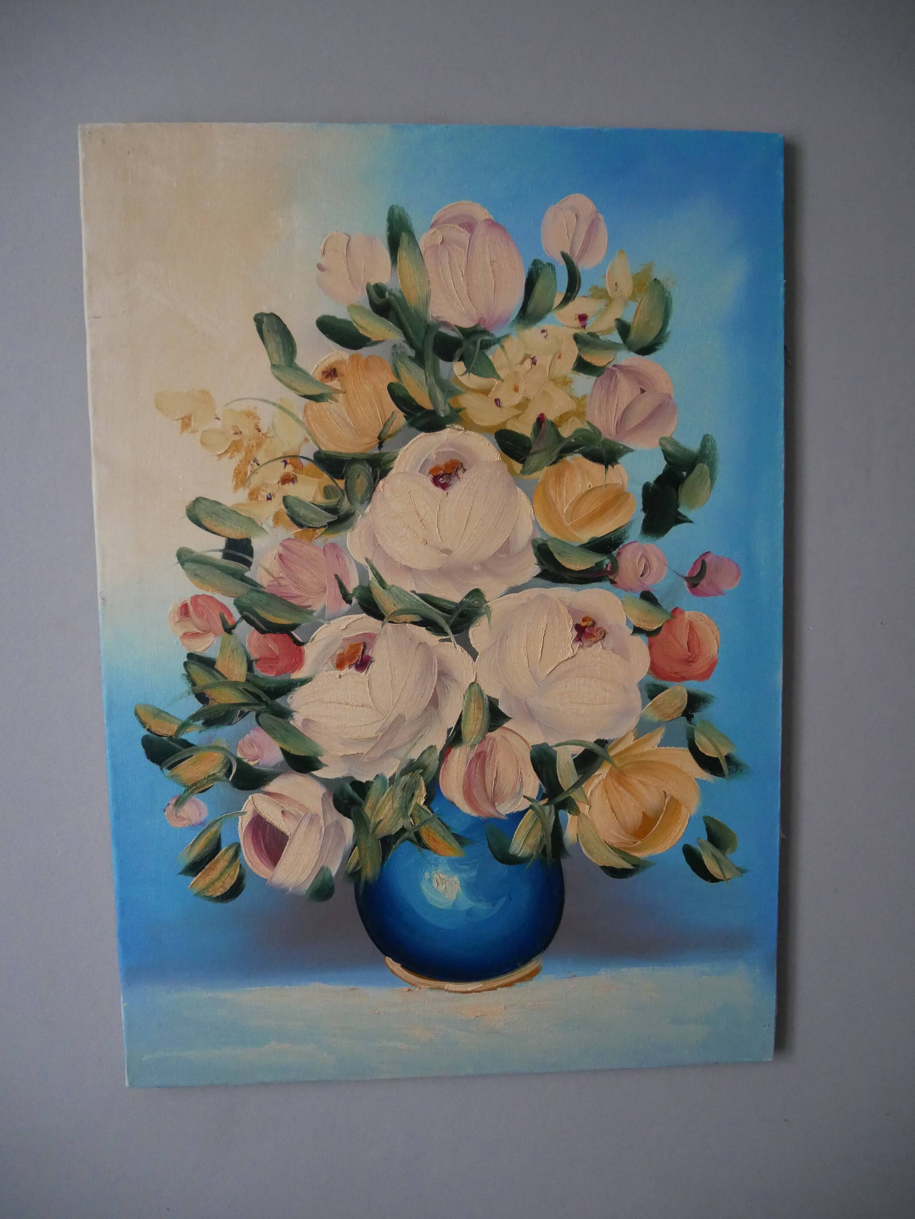 Still life painting bouquet of flowers vintage painted canvas classic decoration bohemian countryside