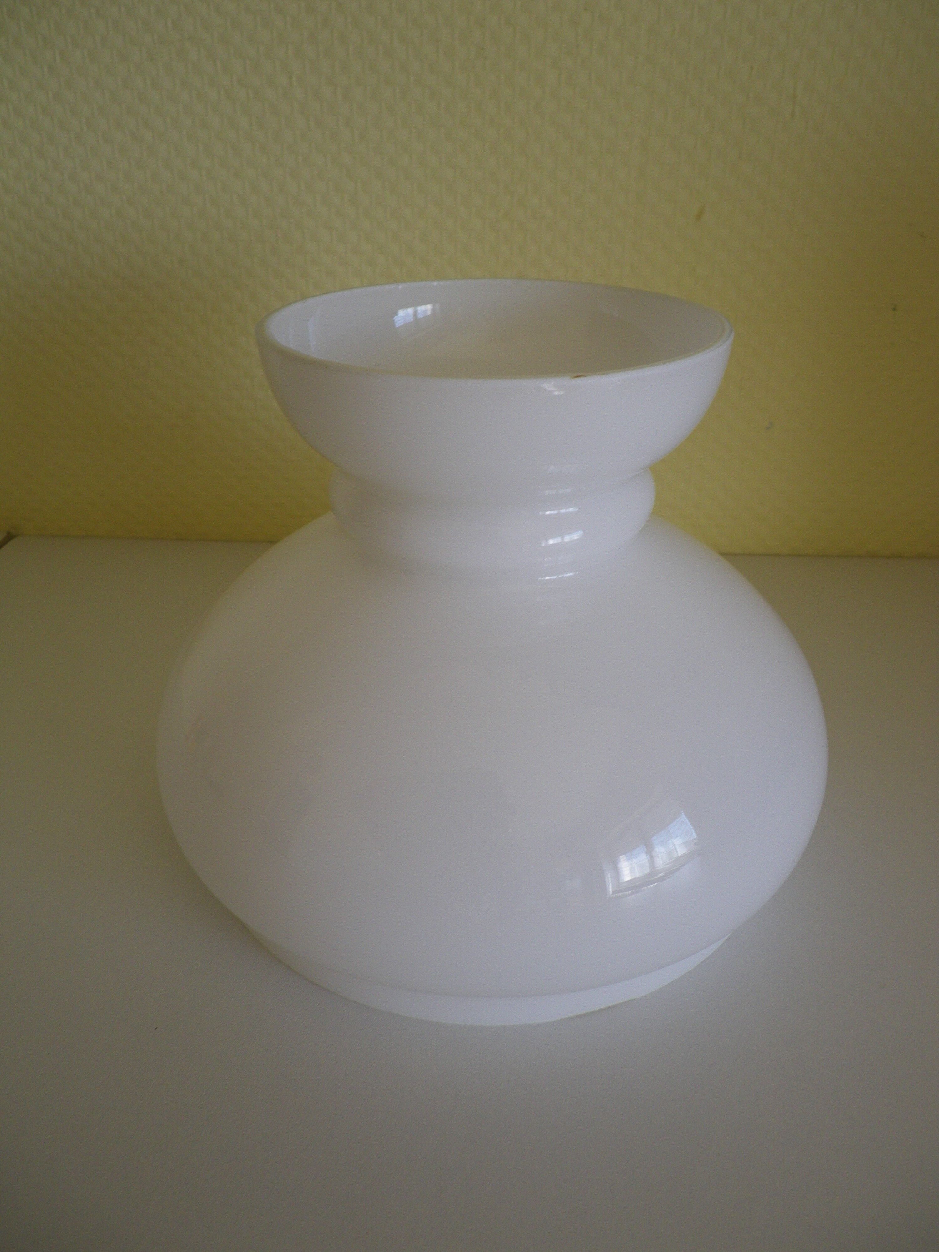 Hanging lamp of the 1950s, white opaline shade and porcelain decoration