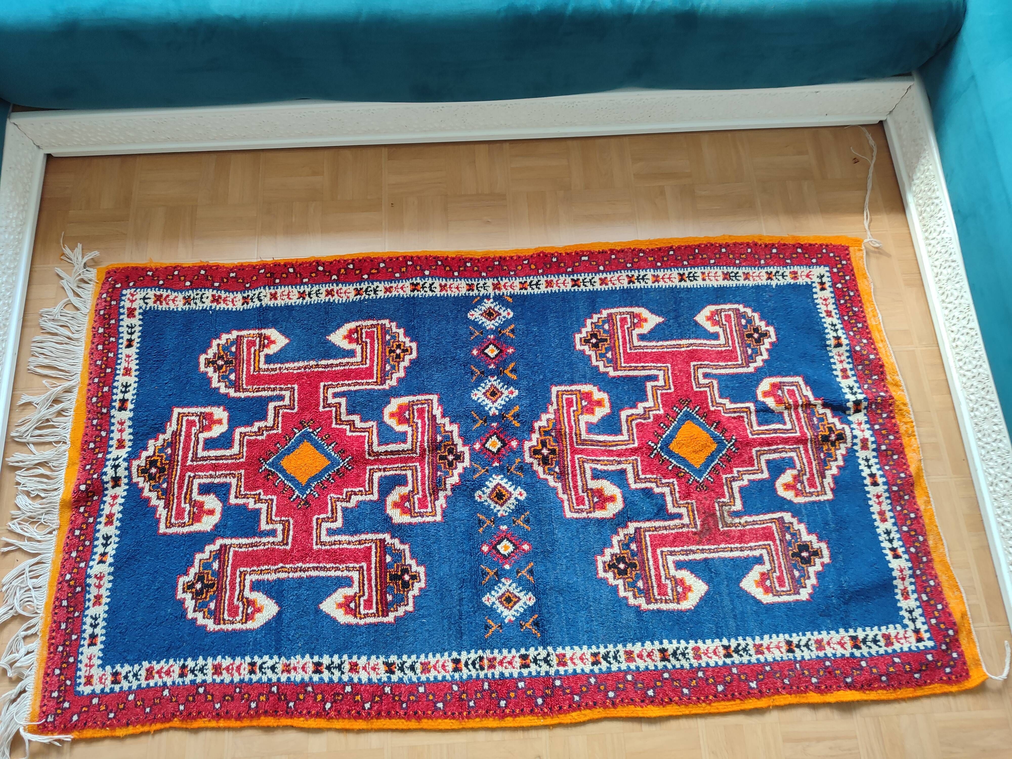 Handmade Berber Rug Blue Majorelle & Red - 112 x 200 cm