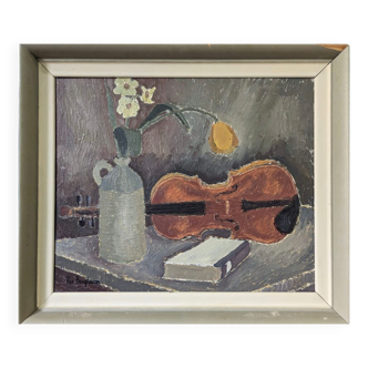 Mid-Century Modern "Still Life With Violin", Swedish Still Life Oil Painting, Framed