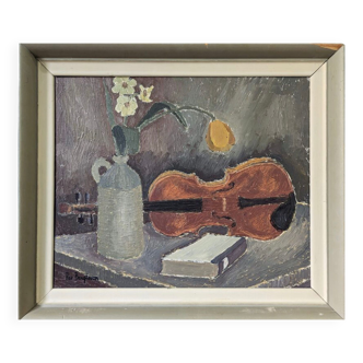 Nature morte au violon moderne du milieu du siècle, peinture à l’huile suédoise de nature morte, encadrée