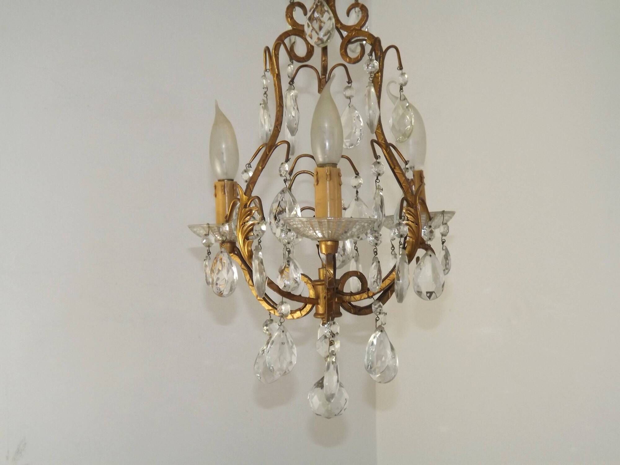 French Vintage Goldtone Metal & Crystal 3 Light Cage Chandelier 5502