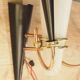 Pair of lunel mid century wall sconces, perspex texture, brass, gold, black