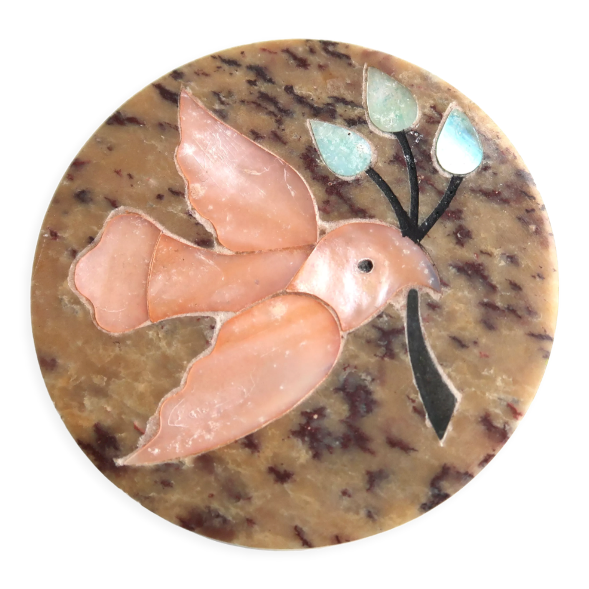 Boîte en pierre en nacre décorée d'un oiseau, années 70