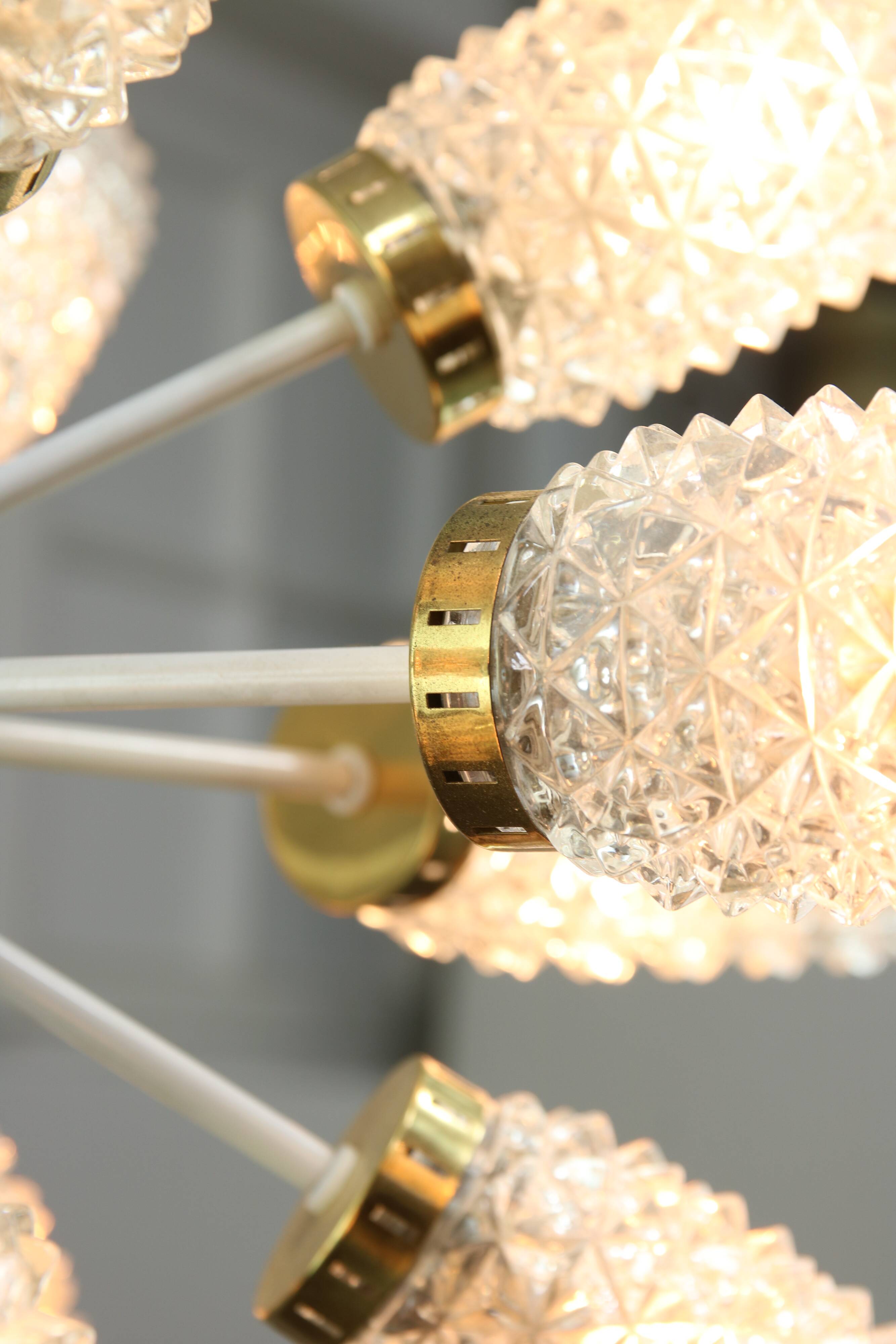 Vintage Sputnik Chandelier: Brass & Textured Glass, Mid-Century Modern Ligh