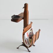 Vintage leather magazine rack with shelf and brutalist/rustic ashtray.