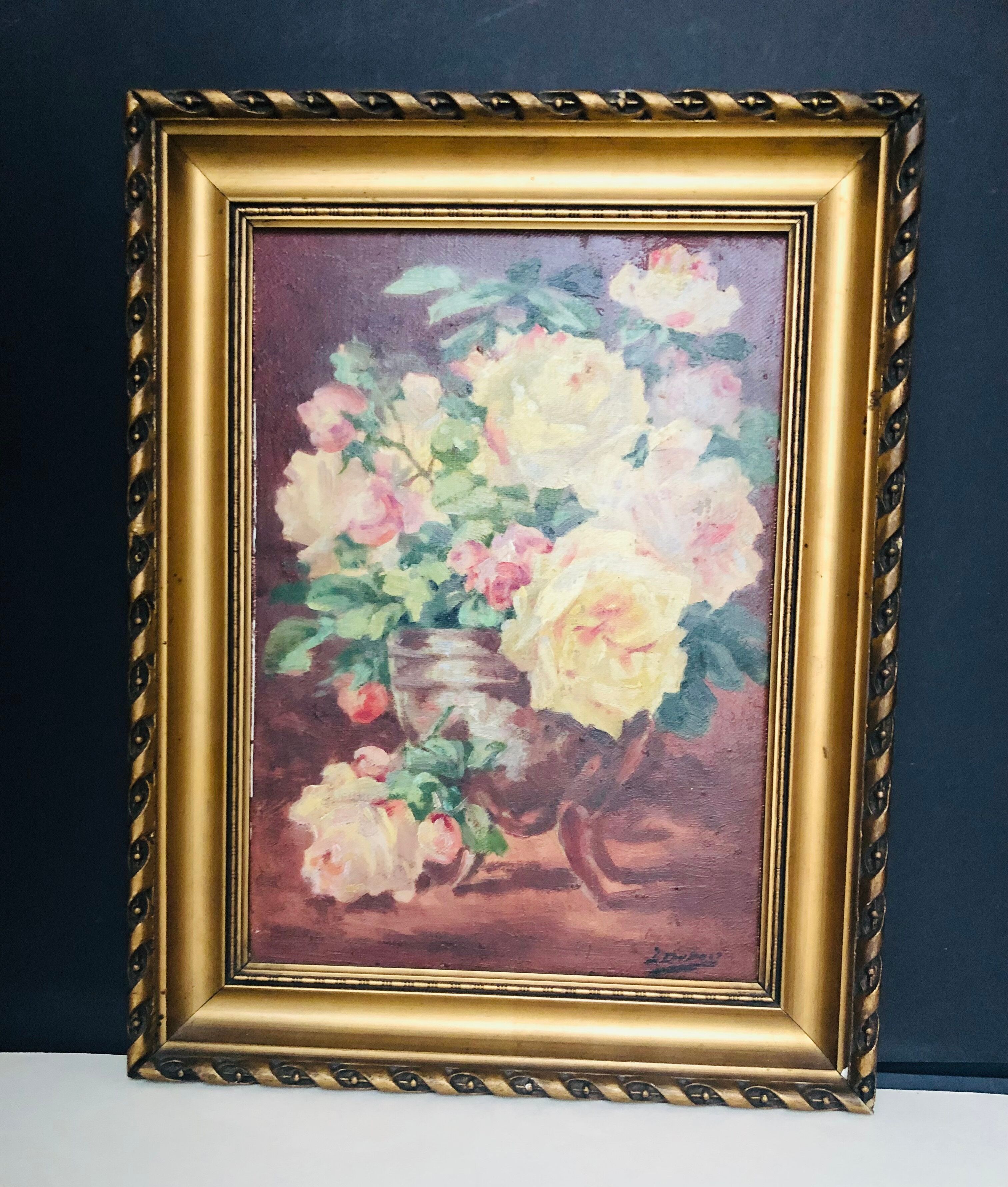 Huile sur toile, nature morte au bouquet de roses