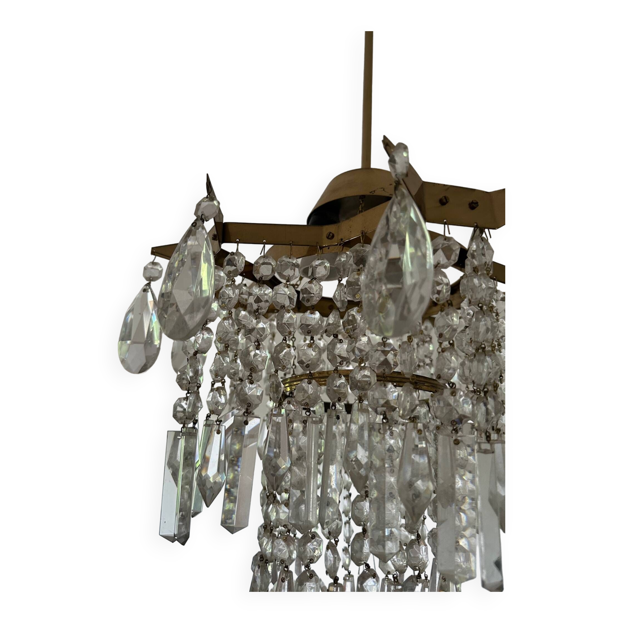 Midcentury brass crystal chandelier