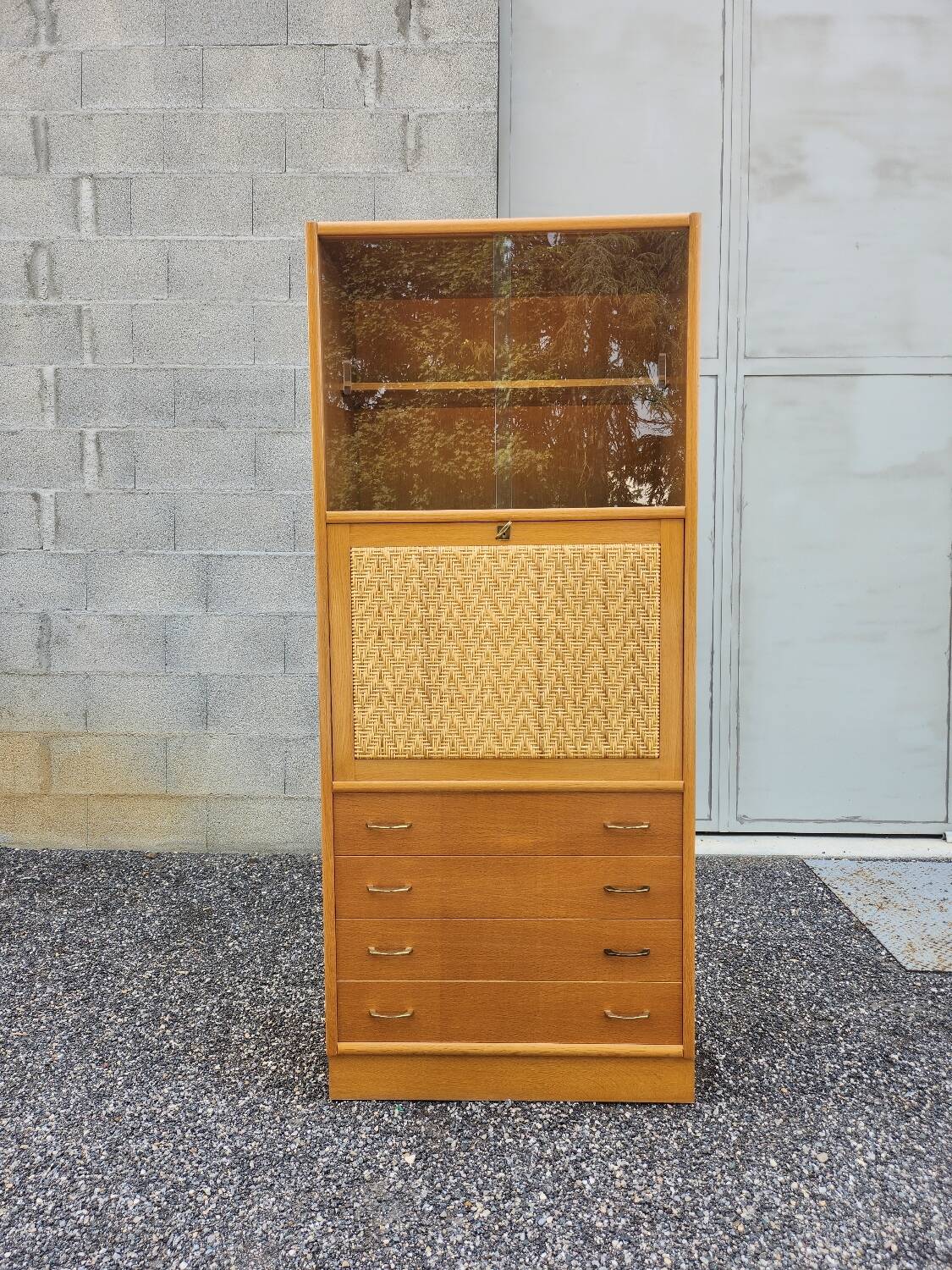 Old vintage rattan oak secretary desk bookcase