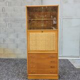 Secrétaire, bibliothèque vintage en rotin et chêne