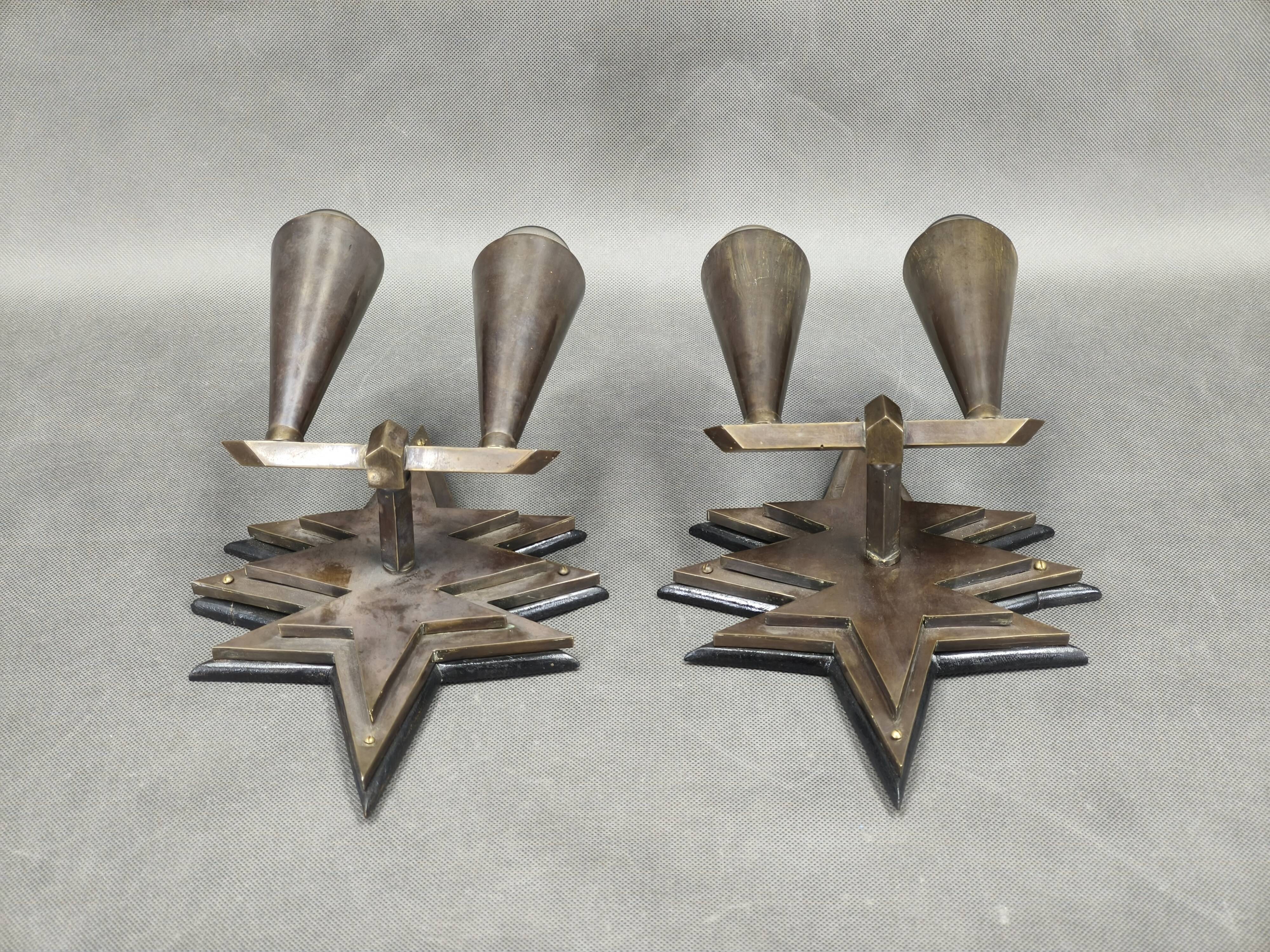 Pair of Czech Cubist Brass Wall Lights, Czechoslovakia, 1920s