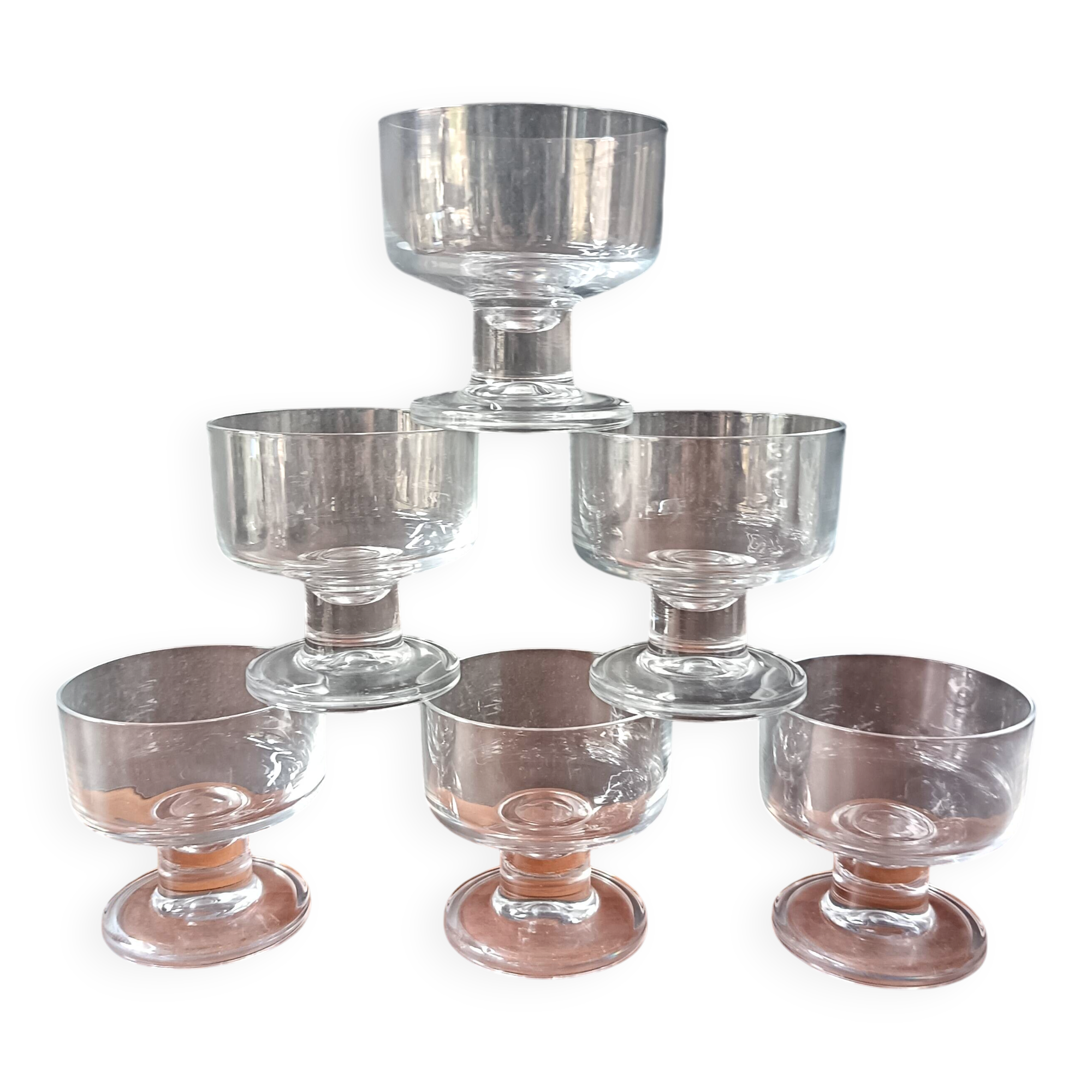 6 vintage French transparent cavalier champagne glasses with thick stems