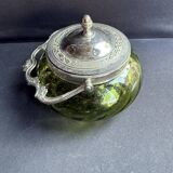 Biscuitier verre vert absinthe et métal argenté