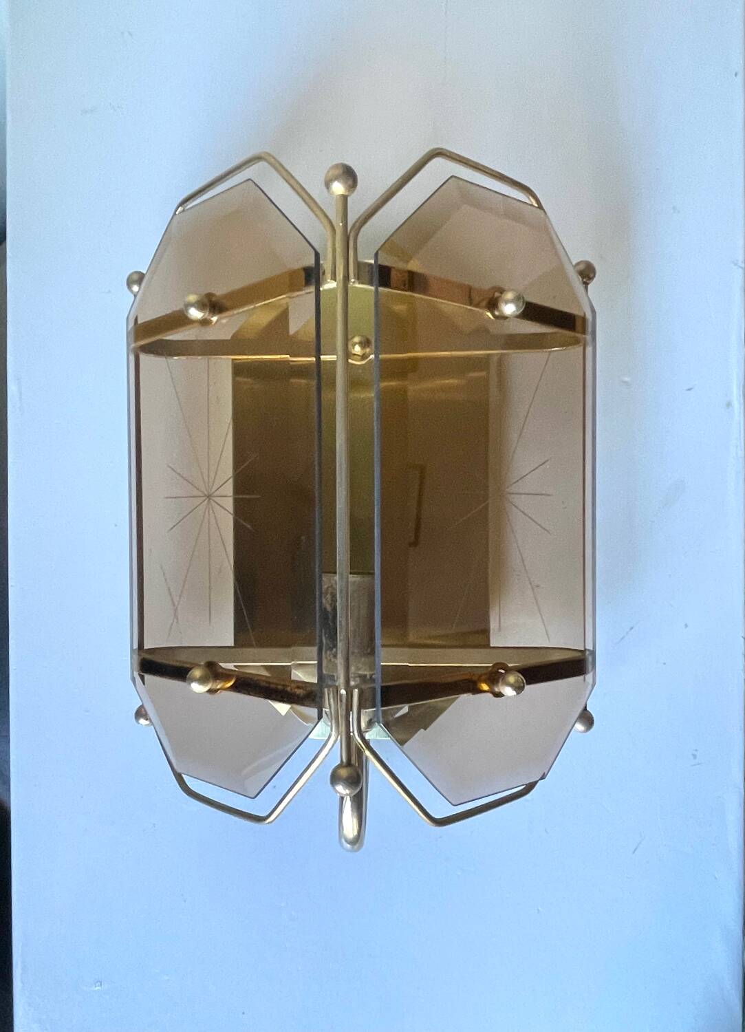 Scandinavian Vintage  wall light Sconce in Brass & Amber colored Glass