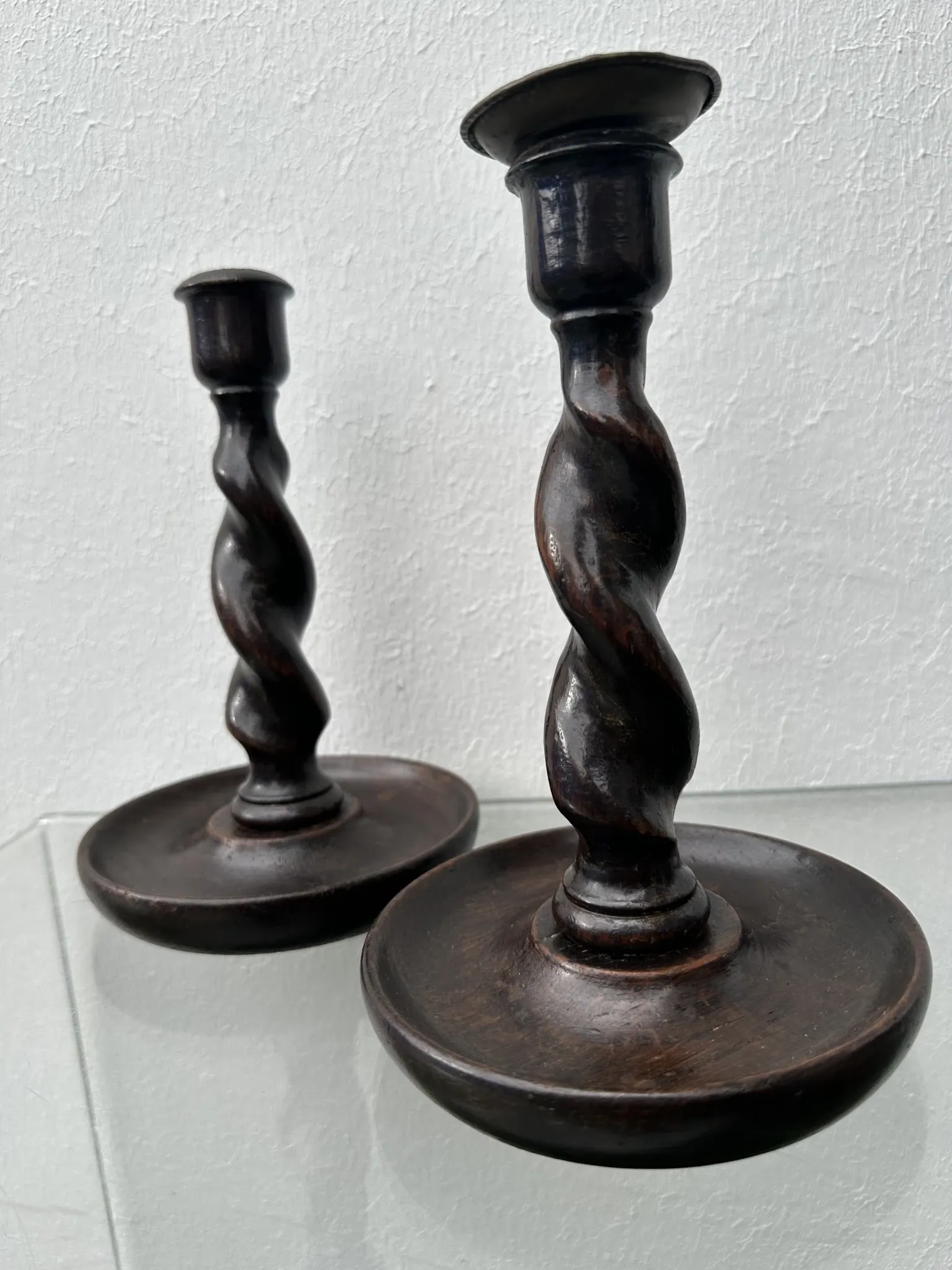 Pair of English oak Barley Twist candlesticks