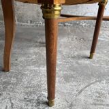 DeCoene antique wood writing desk with beige striped upholstered chair, brass-accented classic set