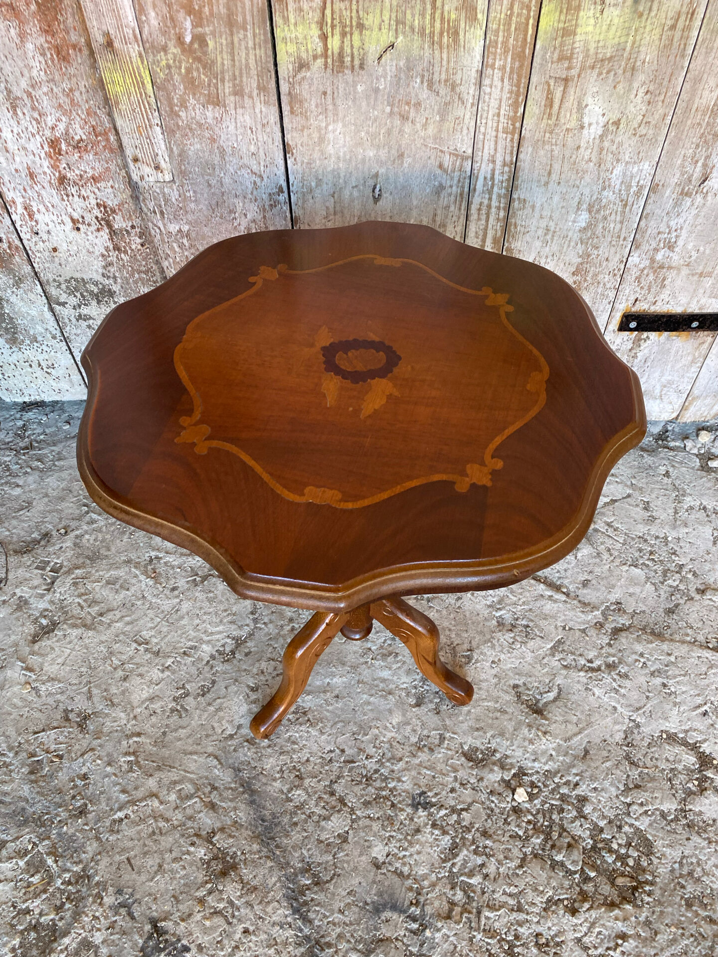 Guéridon Ancien Table Appoint Tripode Bois +  Plateau Marqueterie Vint