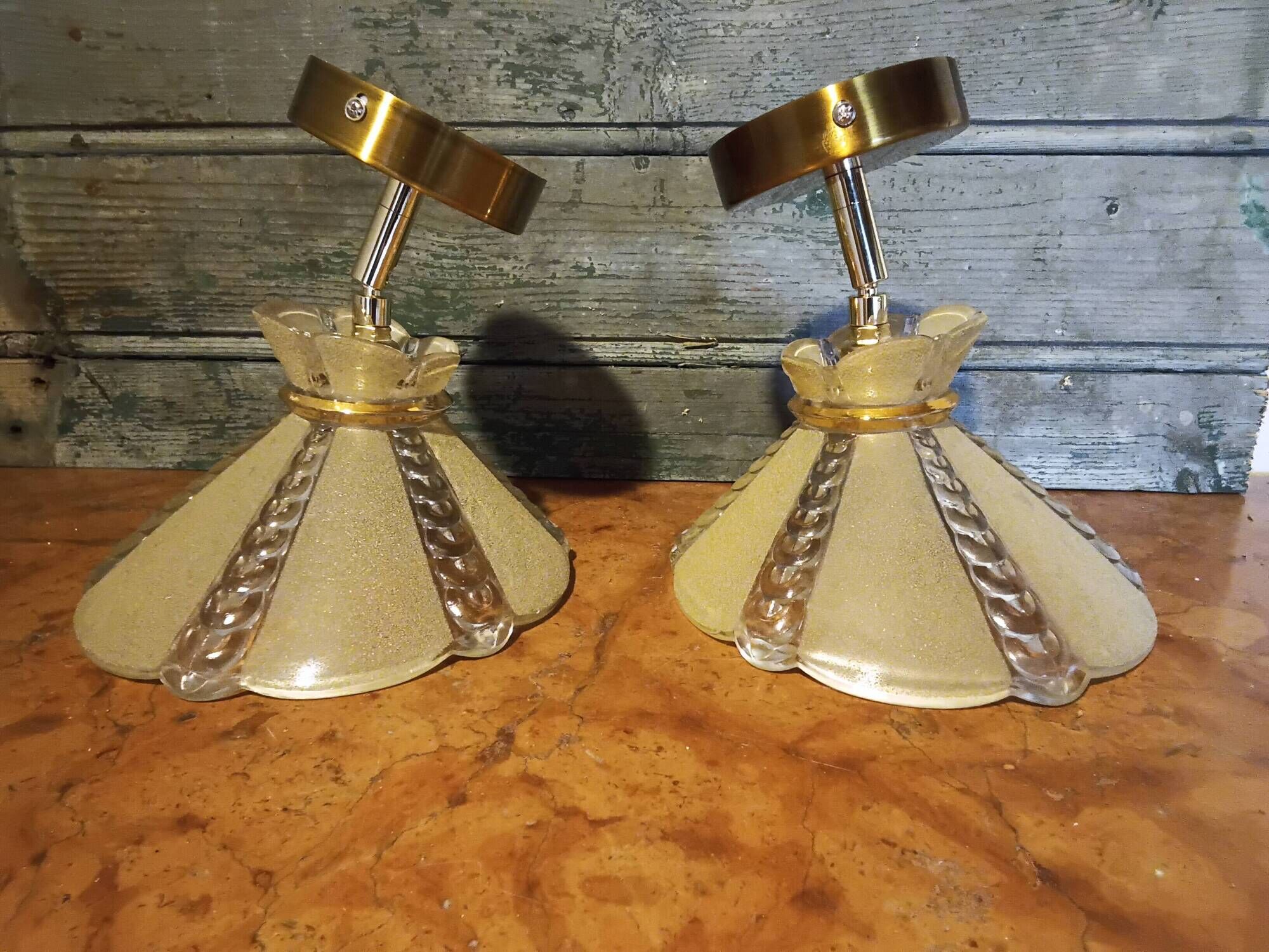 Pair of vintage wall lights in pale yellow granite glass