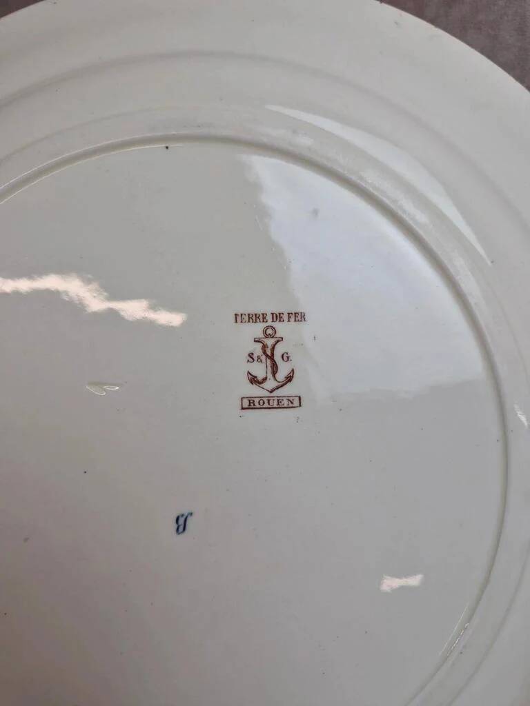2 round plates Terre de Fer Clairefontaine Rouen sepia 19th century