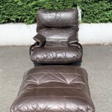Pair of armchairs and ottoman leather Marsala by Michel Ducaroy for Ligne Roset 1970