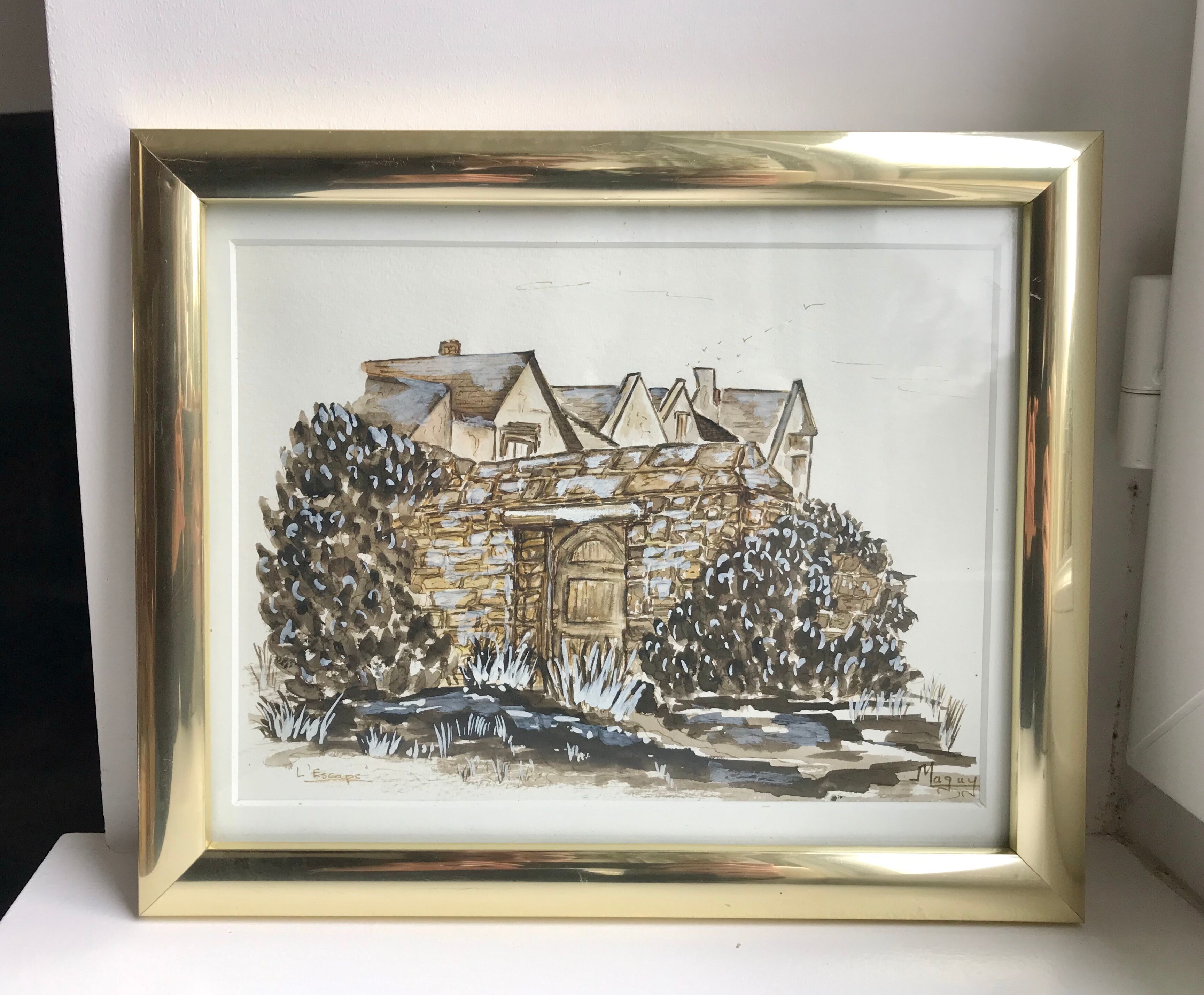 Watercolor The framed escape signed Maguy