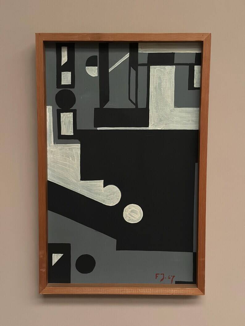 Original Danish Oil on Canvas – “Cultural Revolution in the Passerenden” by Finn Johansen 1967 – Vintage & Framed – 56.5×36.5cm (22.2" × 14.4")