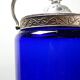 Antique biscuit jar/sweet jar, cobalt blue glass and silver-plated metal, early 20th century.