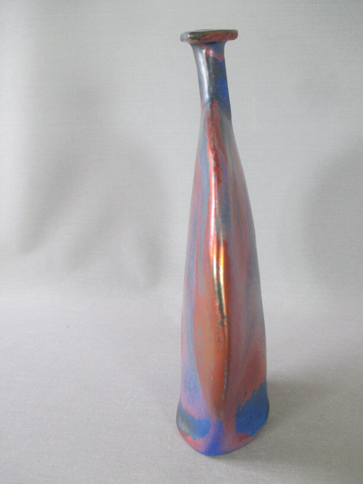 Lrge flat iridescent sandstone vase signed