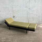 Day Bed sofa in skai, mottled green fabric and black metal 1950