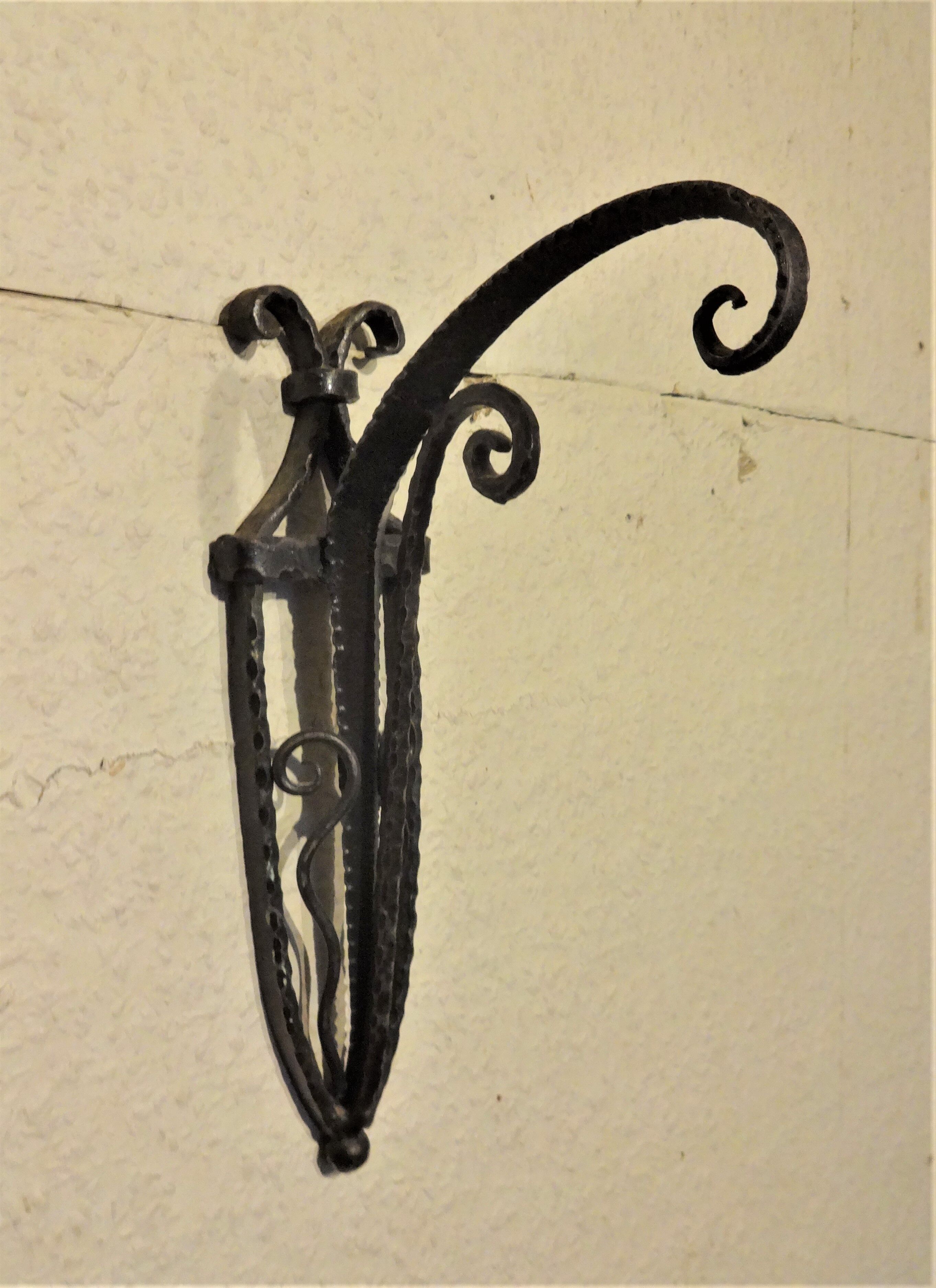 Pair of wall light era Art deco wrought iron & glass Maynadier
