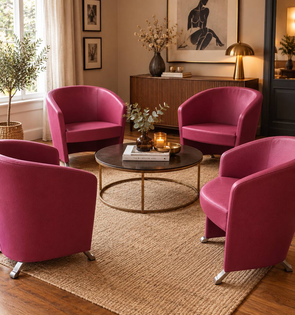4 leather armchairs with chrome legs, design harmony