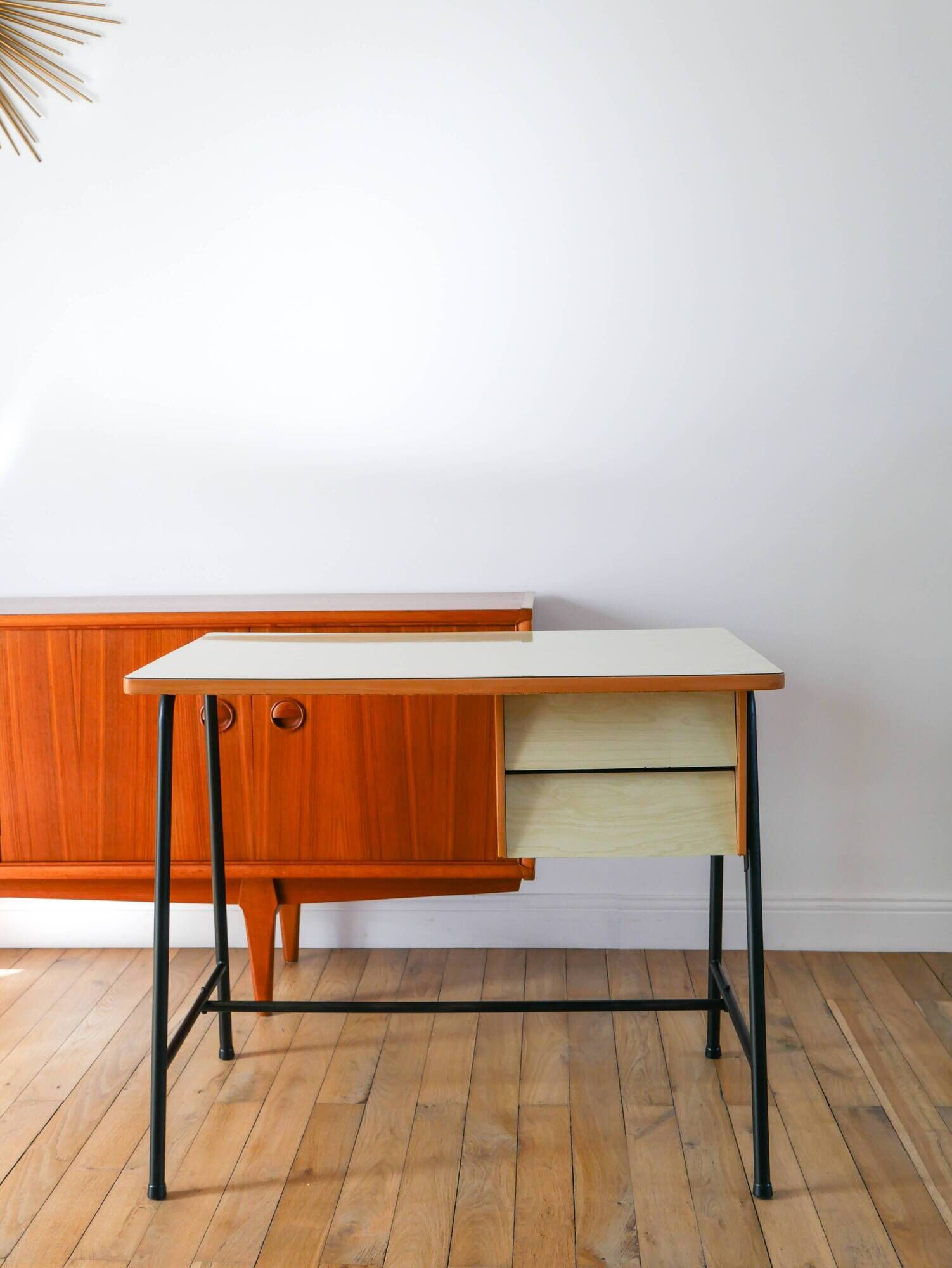 Formica, beech and black metal desk, Modernist Design, 1960