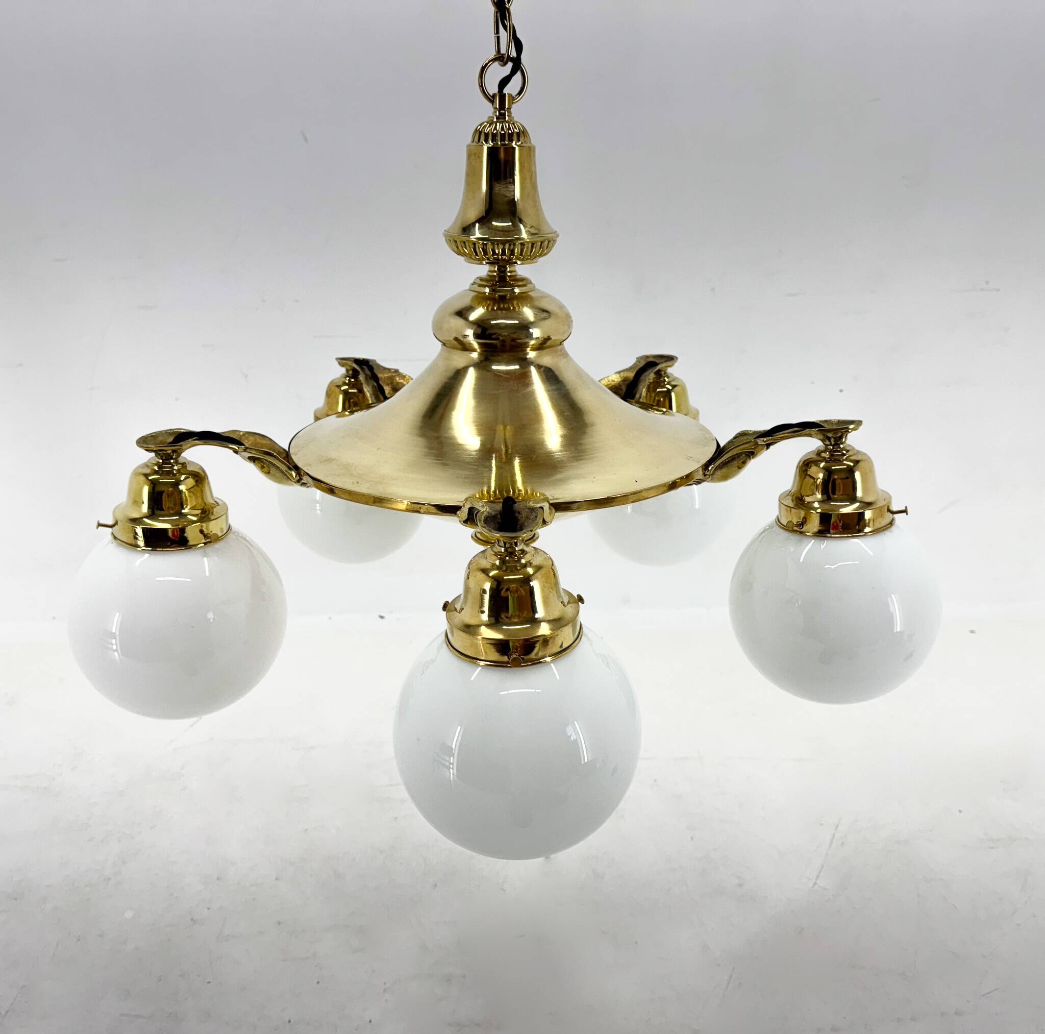 Large Art Deco Bras Chandelier, Restored