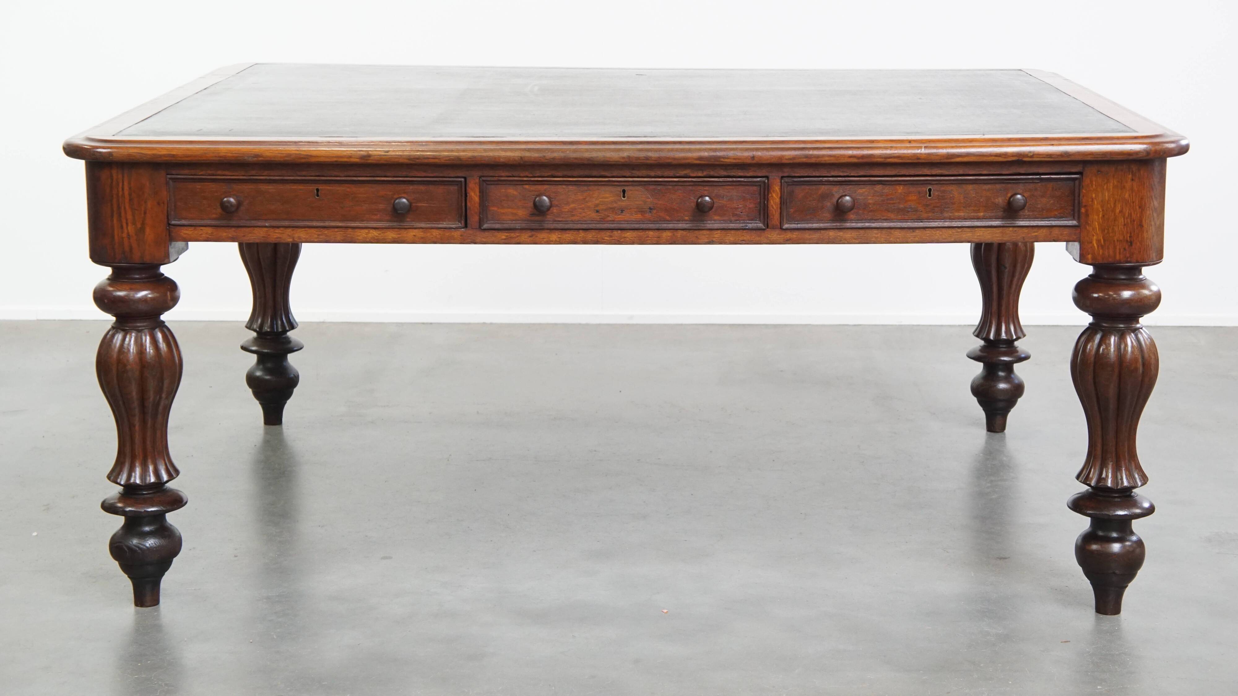 Antique English Oak Writing Desk / Partner Desk with a Leather Top