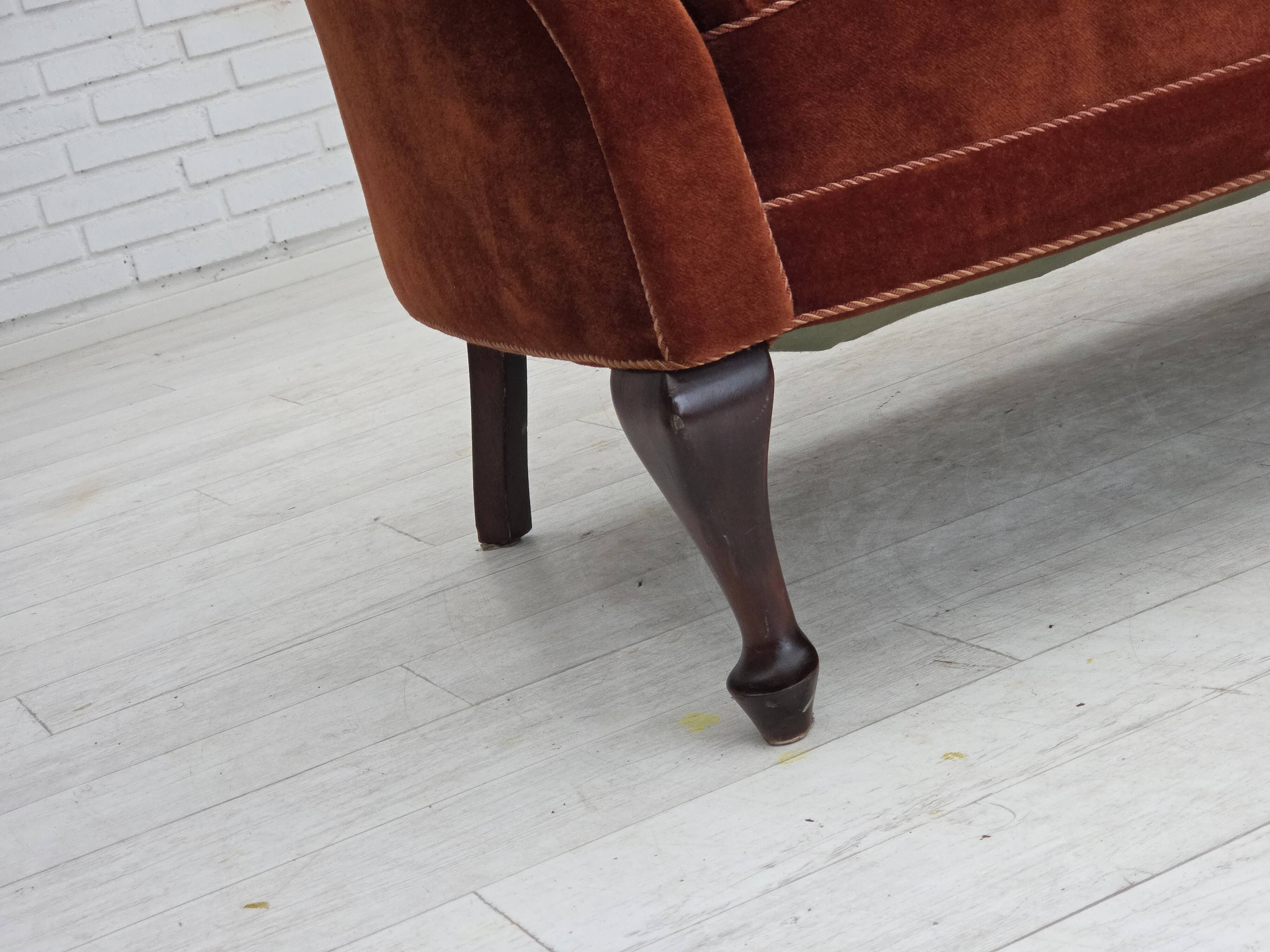 1950s, Danish 2-seater sofa, furniture velour, oak wood legs.