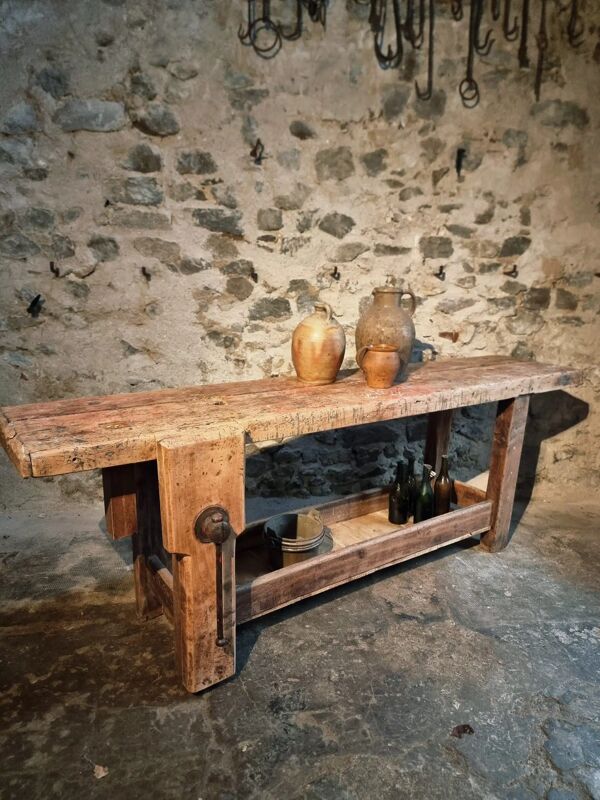 Établi de menuisier français ancien en chêne et hêtre, vers 1900