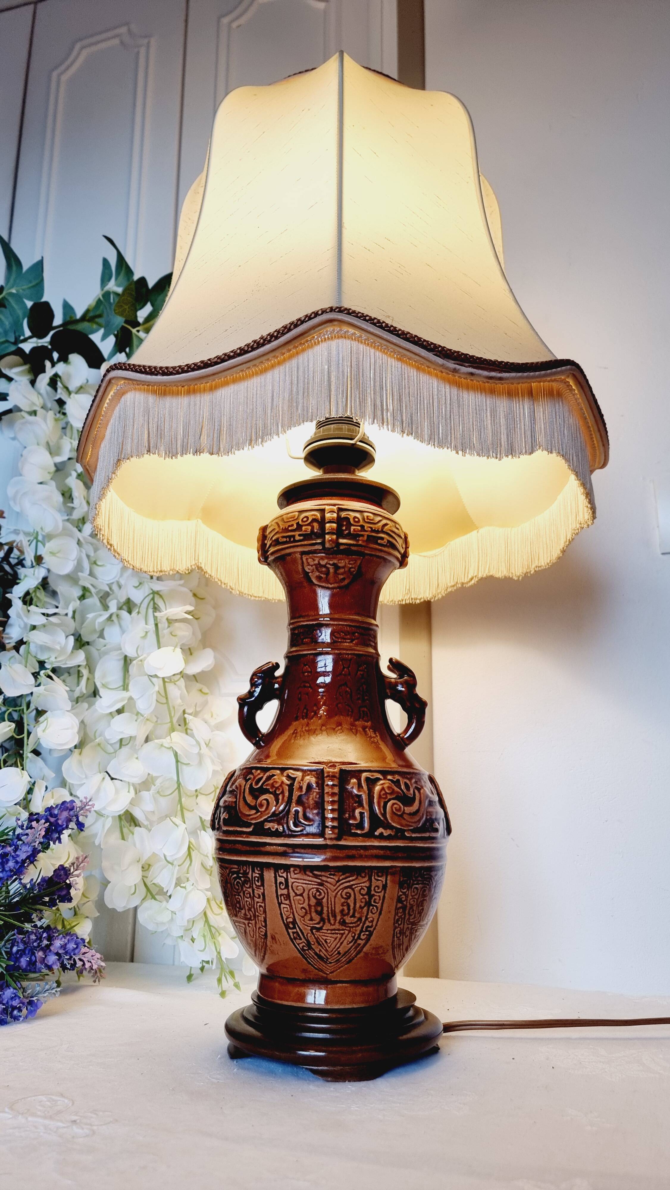 Large vintage table lamp in glazed ceramic, Oriental style 50s-60s.