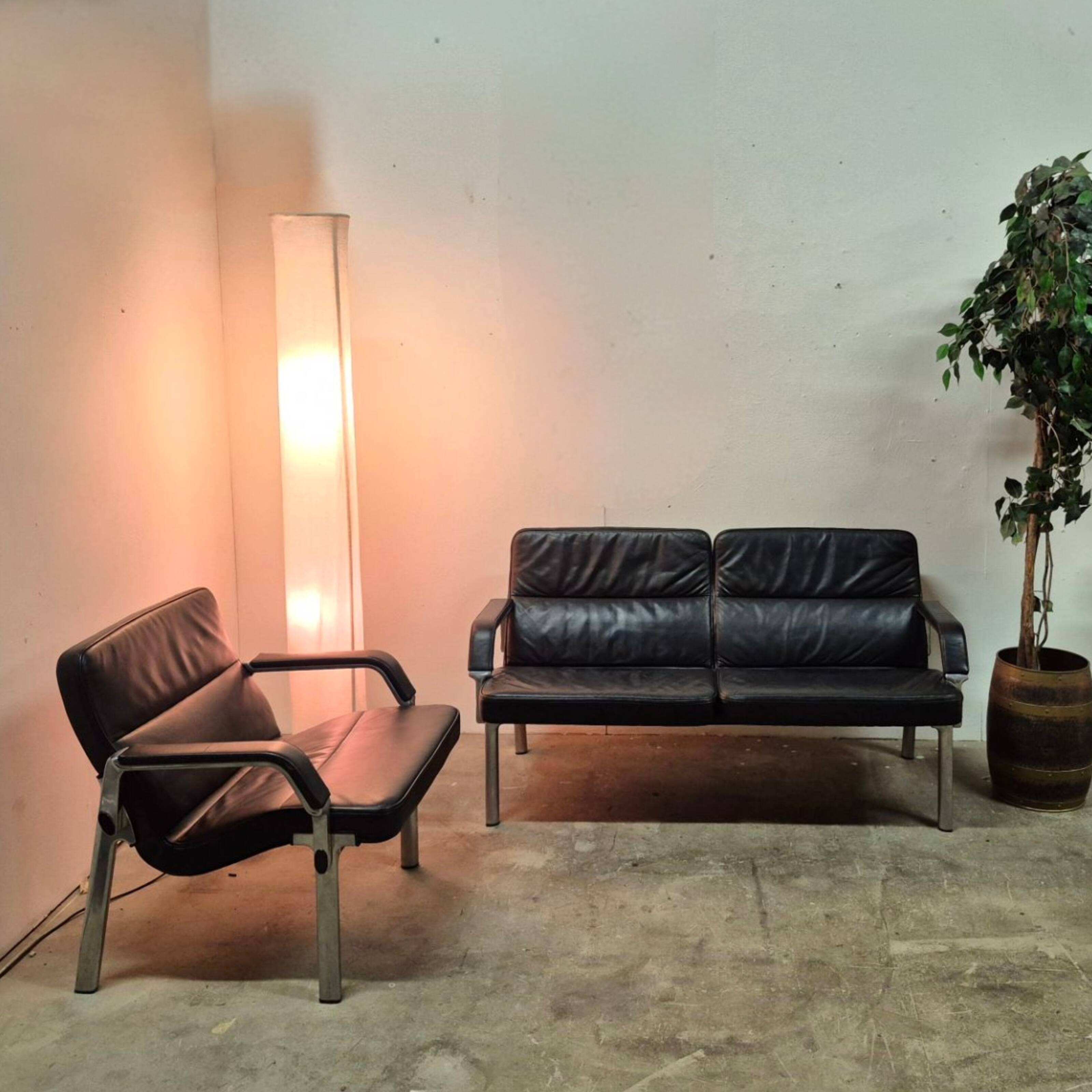 Postmodern black leather seating group, Germany 1980s