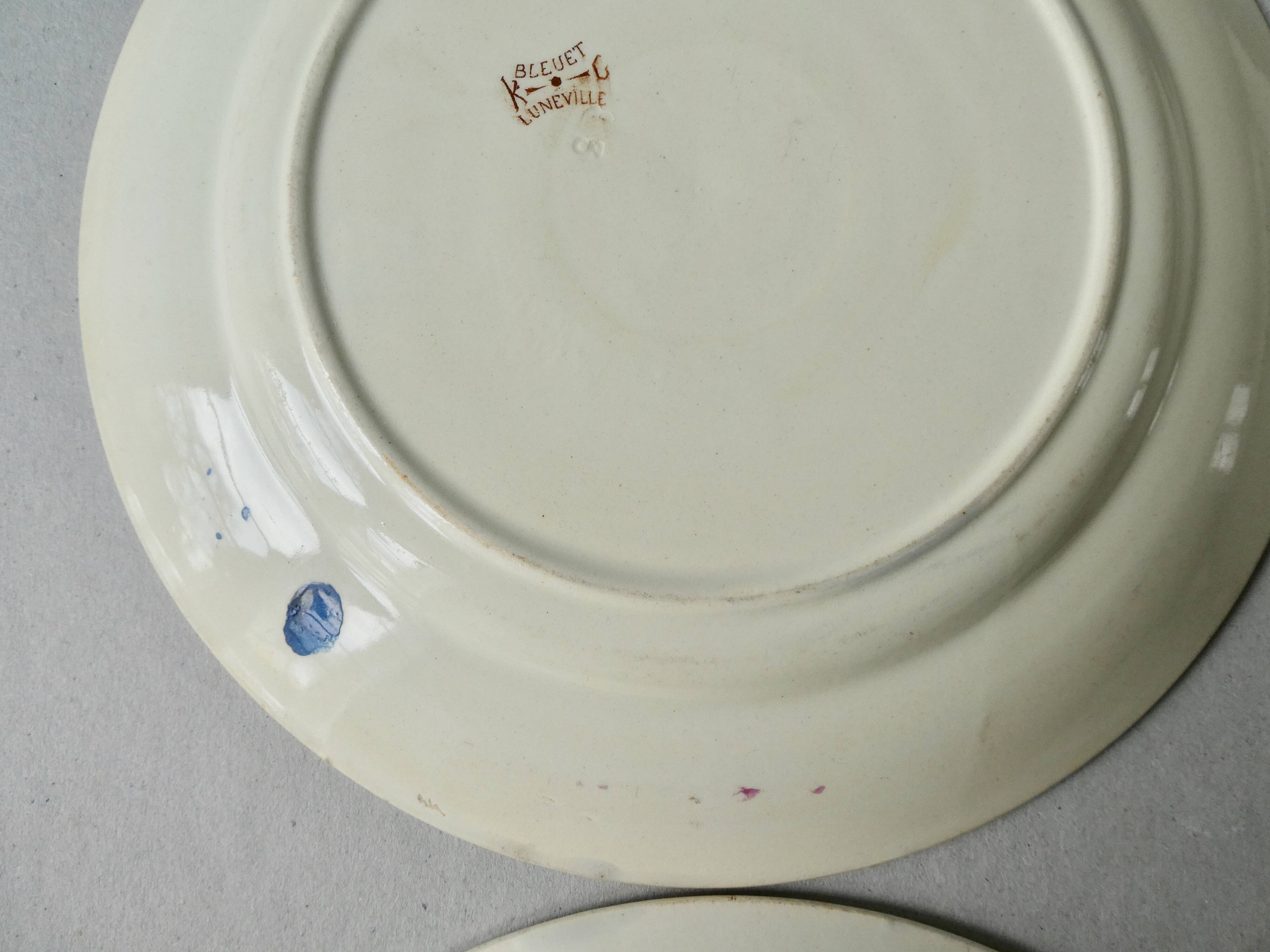 Set de 6 assiettes plates Luneville, décor bleuet, 1900