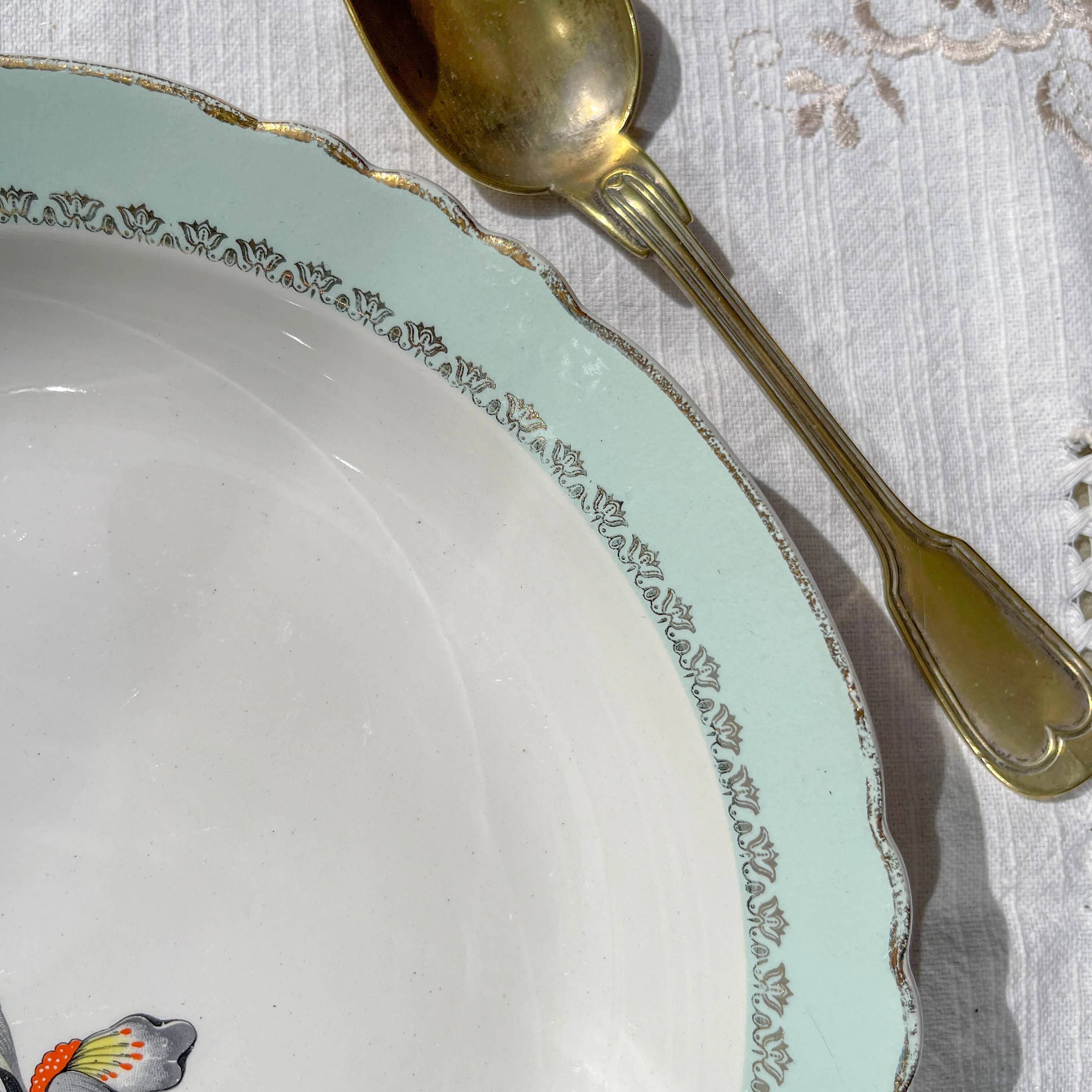 Vintage white and green porcelain dish Iris Moulin des Loups "Sargosse" 1950s