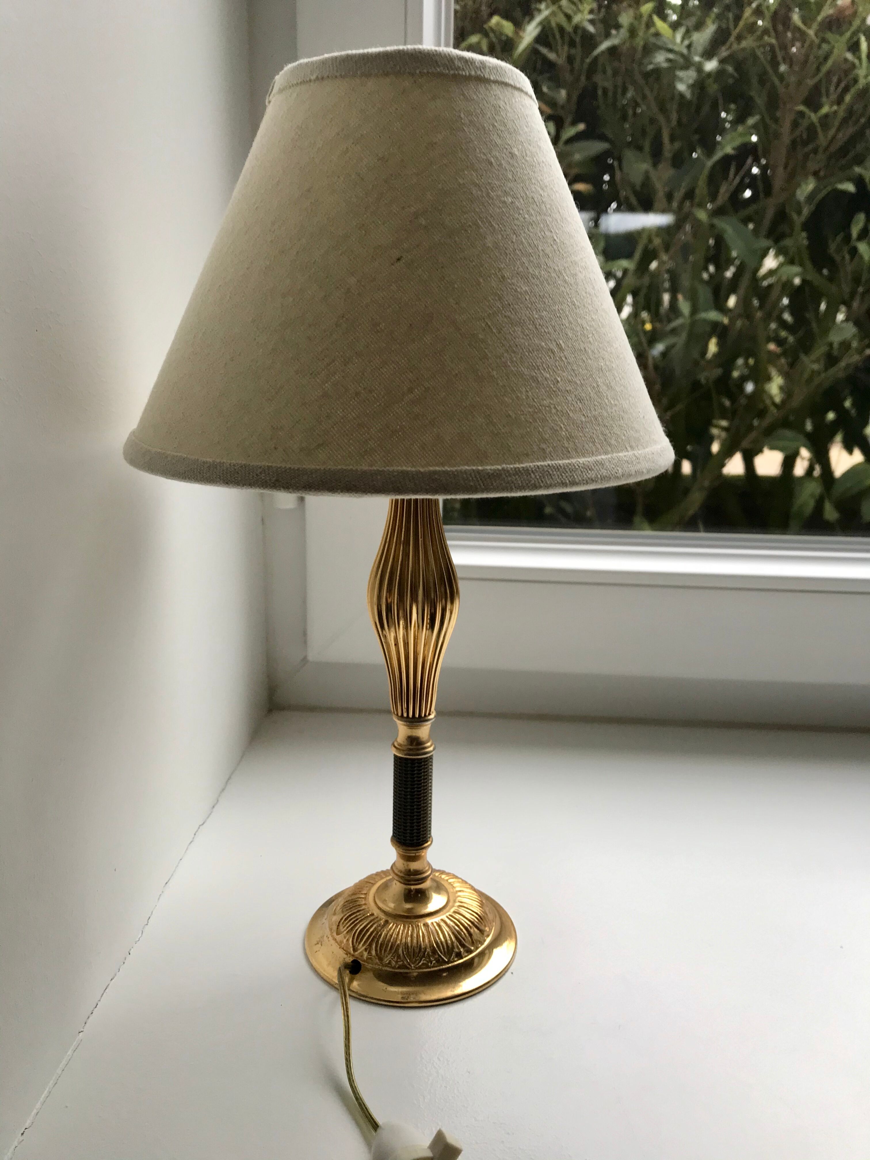 Brass table lamp and linen lampshade 50s