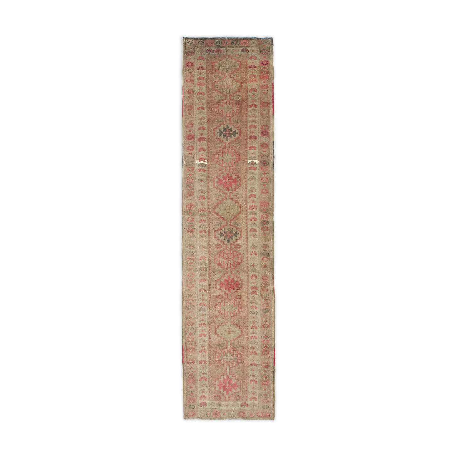 Handmade Vintage Oriental Beige Runner Carpet 77 cm x 331 cm