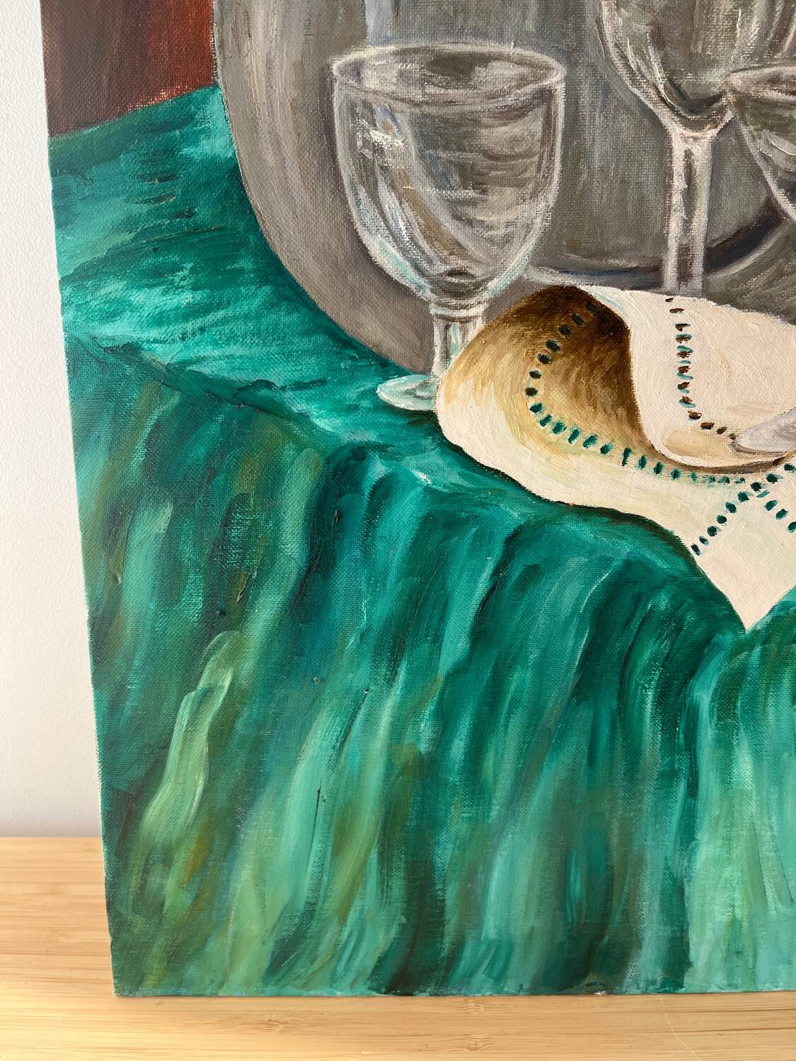 Still life, carafe and glasses, oil on cardboard signed Francine Dubois.