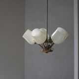 Five-branch brass and glass chandelier by Paavo Tynell for Idman OY Finland, 1940s.