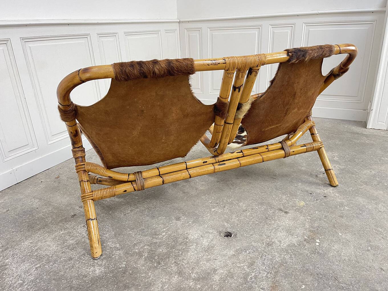 Rattan leather bench 1970