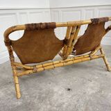 Banquette cuir rotin 1970