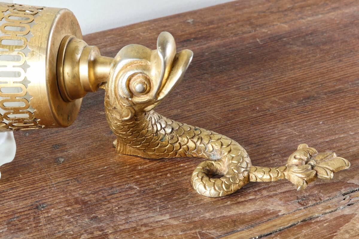 Wall-mounted candle holder, dolphin, bronze and gilded brass