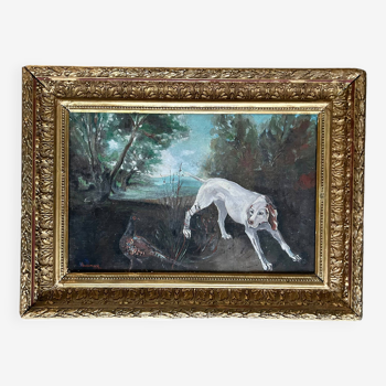 Années 1930 Français Peinture à l’huile Anglais Pointer Dog Hunting a Faisan Farmhouse