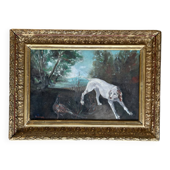 1930s French Oil Painting English Pointer Dog Hunting a Pheasant Farmhouse