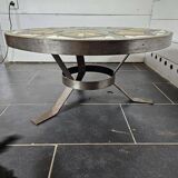 oval coffee table from the 60s, ceramic tray with decoration of flowers and birds